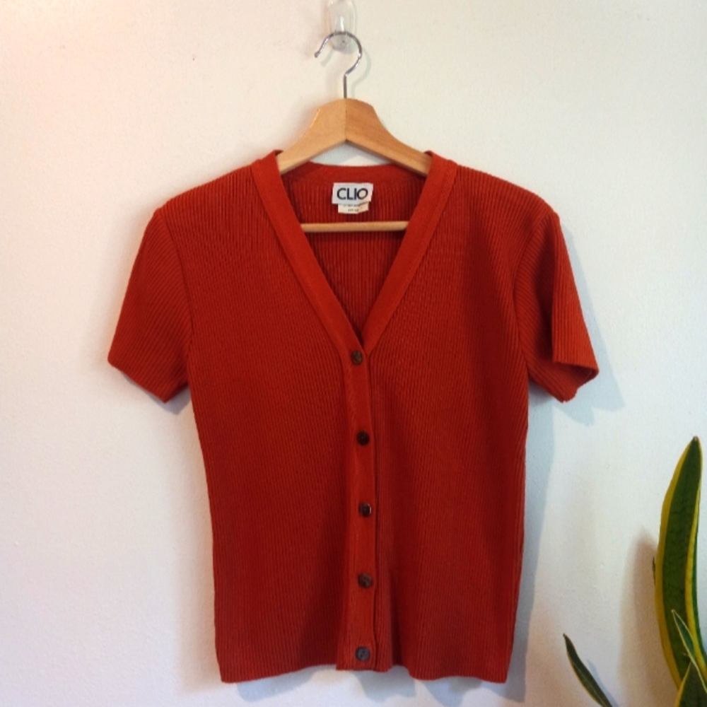 Vintage Clio burnt orange ribbed button down short sleeve sweater size Large